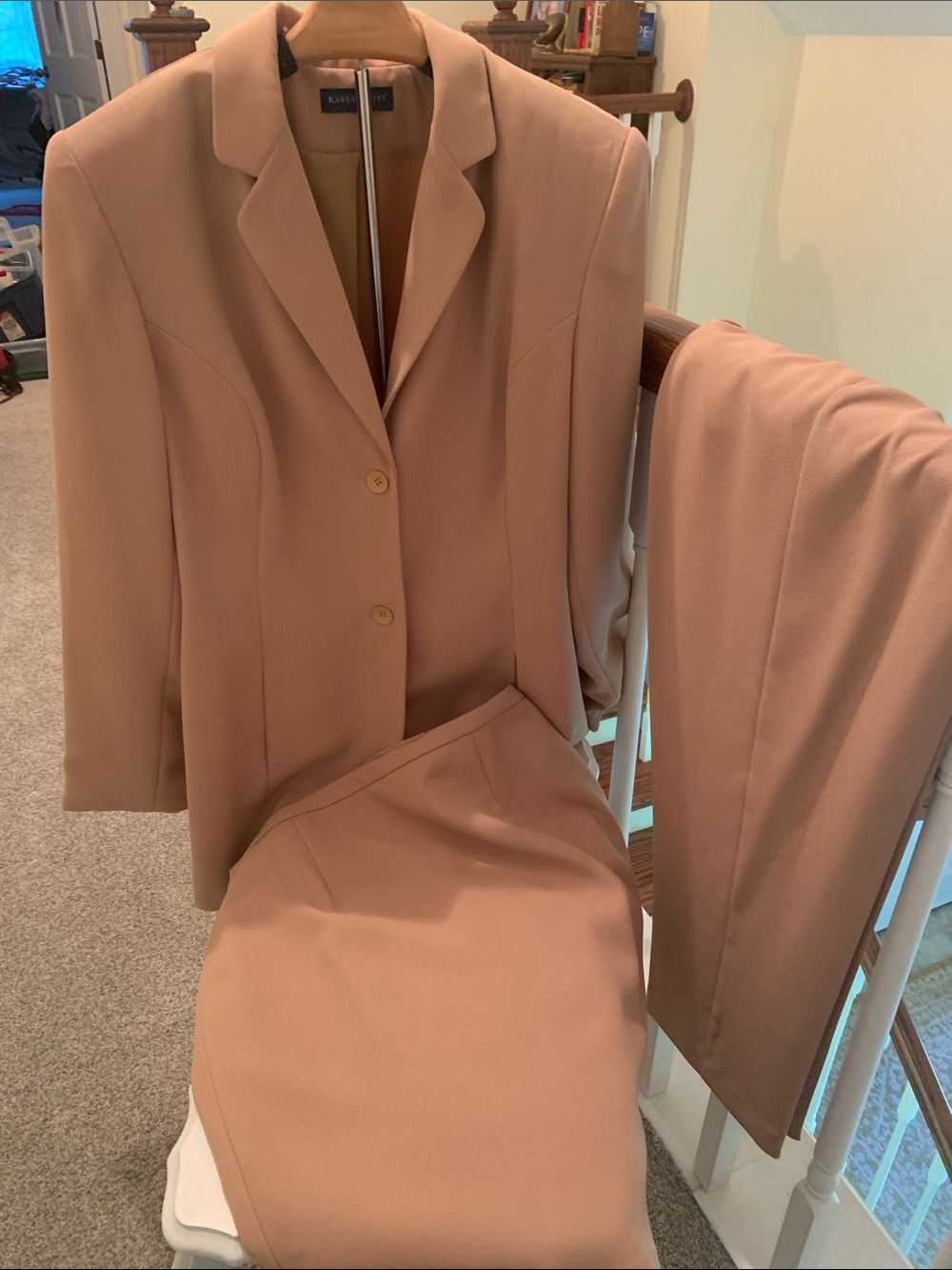 Karen Scott Blush Tan three-Piece Tailored Blazer and Skirt and pants